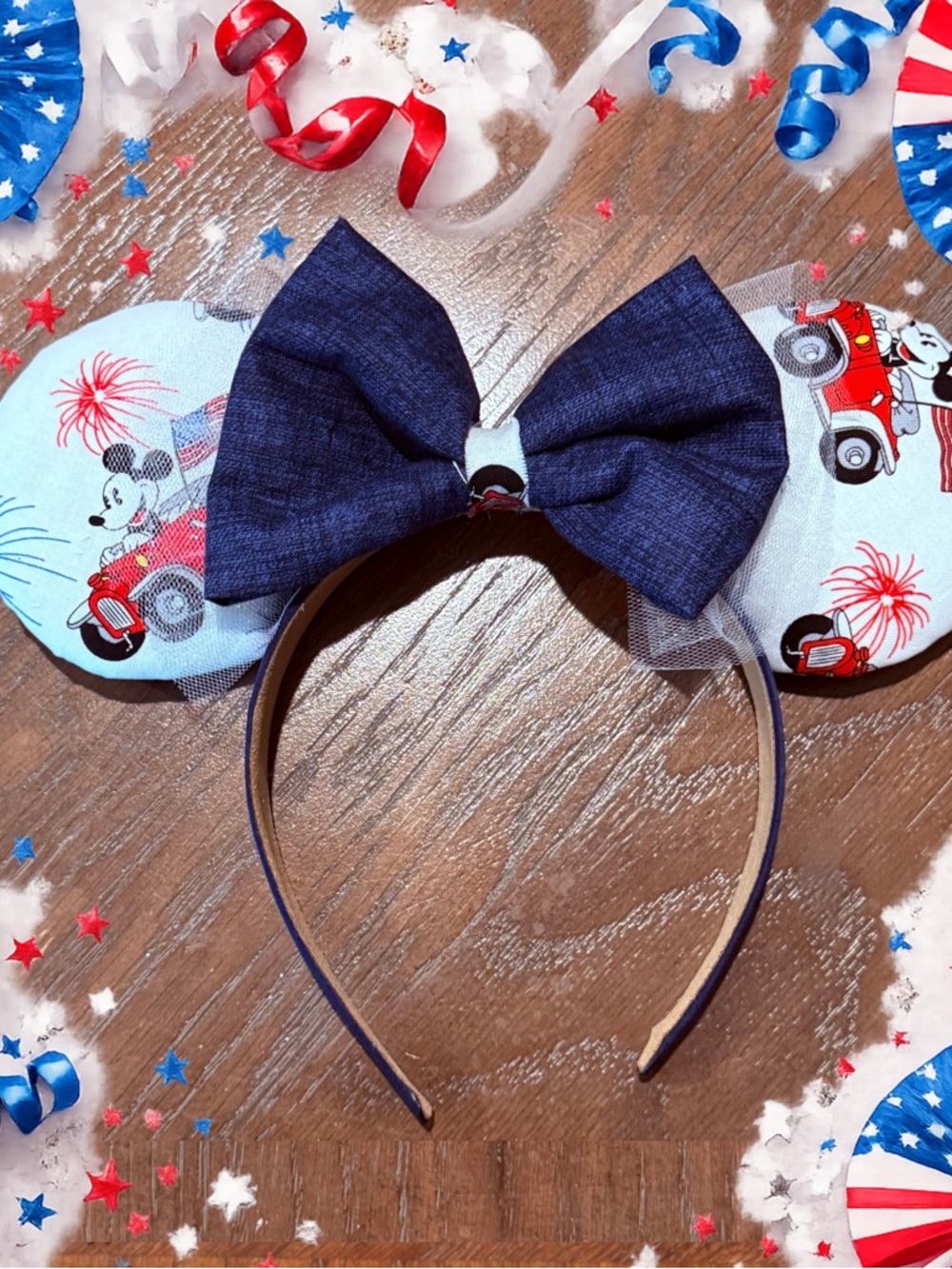 Disney Patriotic Mickey Mouse Ear Headband with Navy Bow white pearl trim